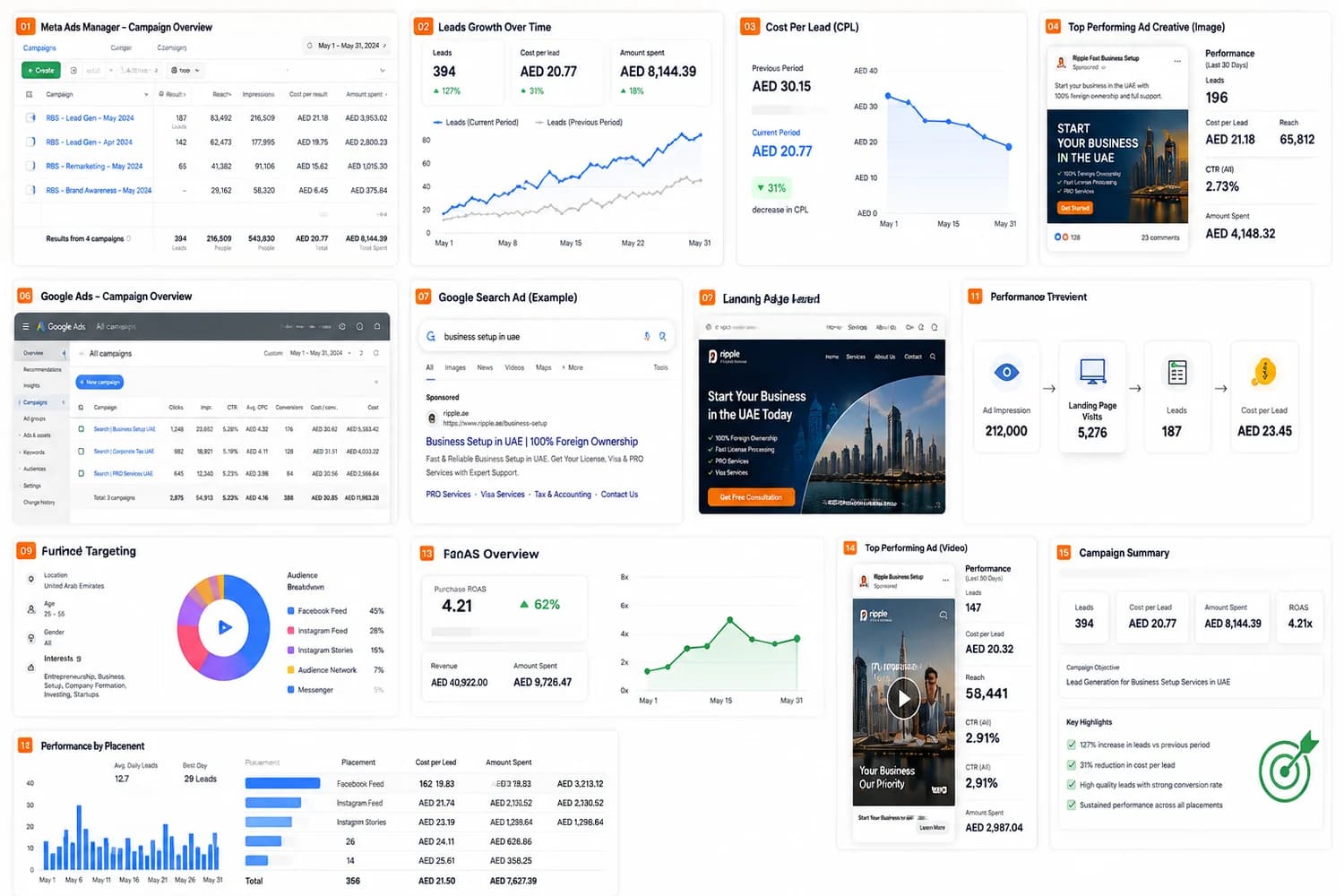 Paid search and paid social campaign overview across placements