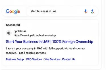 Paid search ad creative — sponsored result for a business-setup campaign