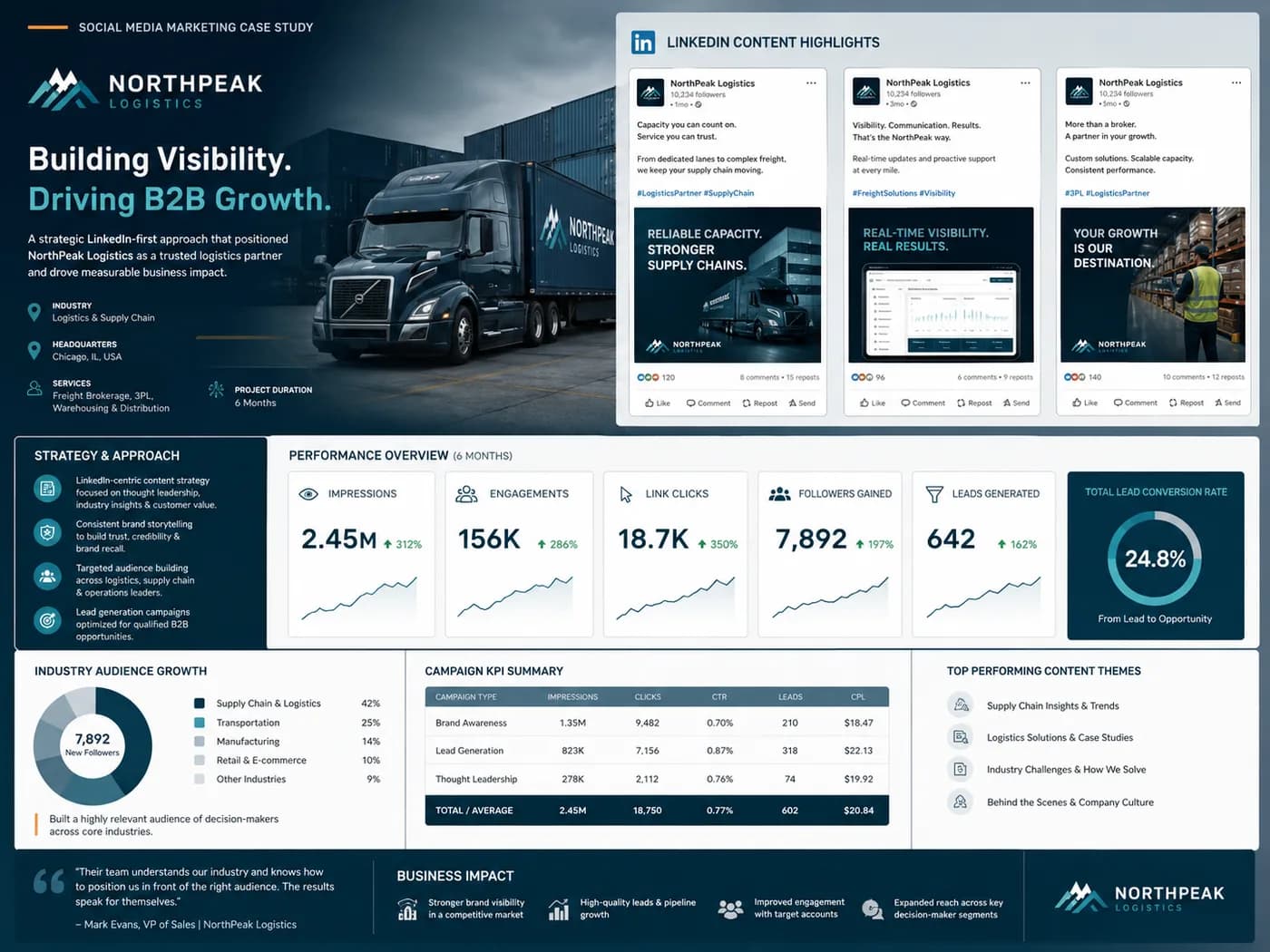NorthPeak logistics concept social content — deep blue industrial palette